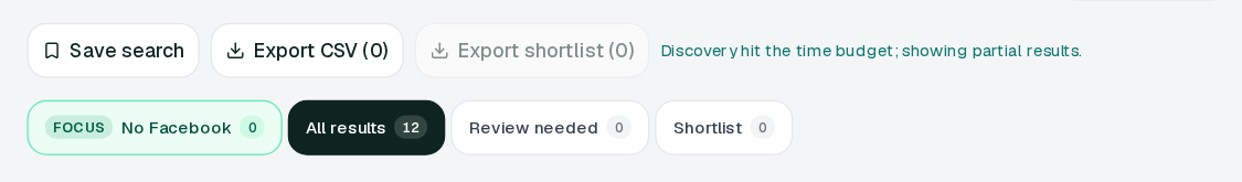 Save search, Export CSV, and Export shortlist buttons above Finder tabs